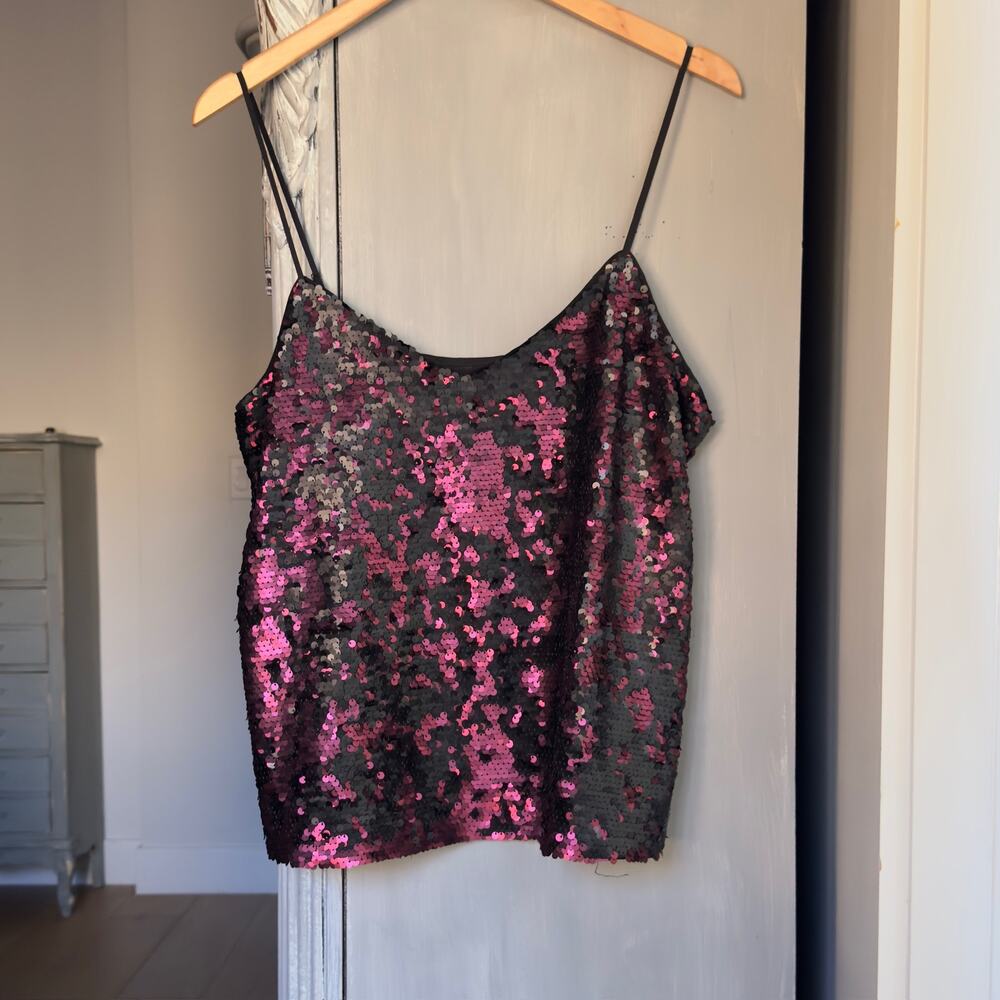 1.STATE Top Sz L Metallic Burgundy & Cami Black Sequin Party Spaghetti Strap